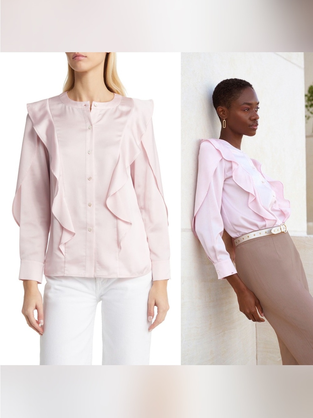 Misook NWT Pale Pink Ruffle-Trim Button Down Blouse, size M, MSRP 258$